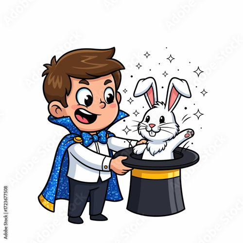 Cartoon Magician Boy with Sparkling Blue Cape Pulling Rabbit from Hat.