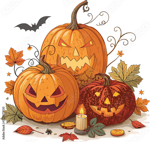 Vector art of a vibrant halloween scene with carved pumpkins, a bat, and autumn leaves, capturing the spooky yet festive spirit of the holiday with warm colors