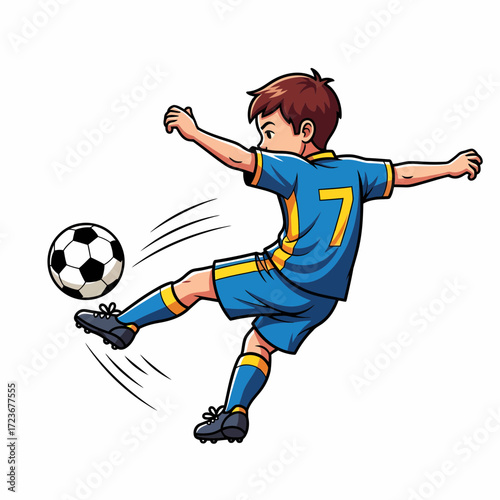 Cartoon Soccer Player Kicking Ball with Blue and Yellow Uniform Number Seven.