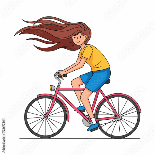 Cartoon Woman with Flowing Hair Riding a Pink Bicycle with Headlight.