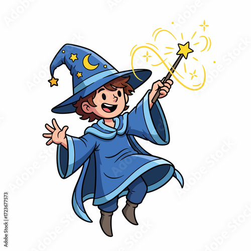 Cartoon Wizard Boy Casting a Spell with StarTipped Wand and Crescent Moon Hat.