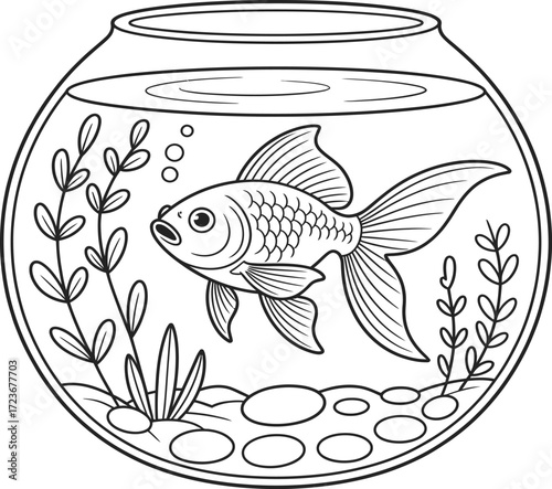 A detailed black and white illustration of a goldfish swimming in a round fishbowl with aquatic plants and pebbles.