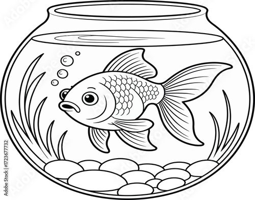 Black and white line drawing of a goldfish swimming in a round glass fishbowl with water, bubbles, plants, and pebbles, suitable for coloring.