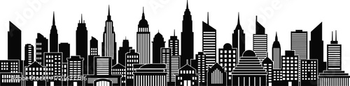 Black and white city skyline silhouette with iconic buildings, architectural mix, urban symmetry, minimal vector design on white background