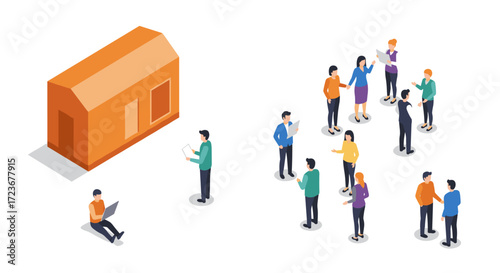 Isometric office team collaboration and communication with modern architecture