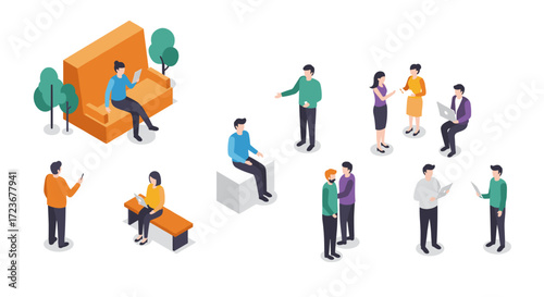 Isometric business people in office setting engaged in teamwork and collaboration