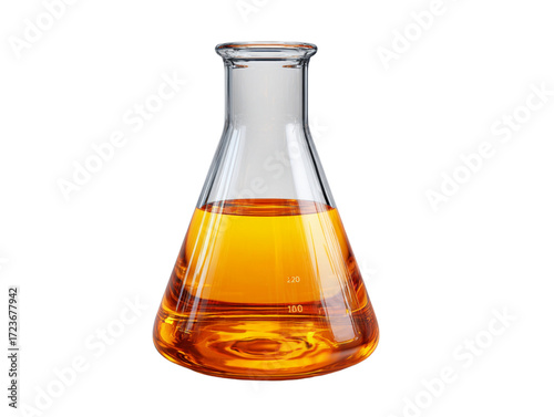 Erlenmeyer flask filled with amber liquid, lab reflections, isolated, transparent PNG
