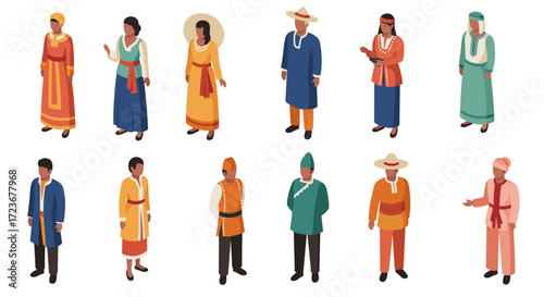 Diverse cultural attire collection showcasing traditional costumes in isometric design