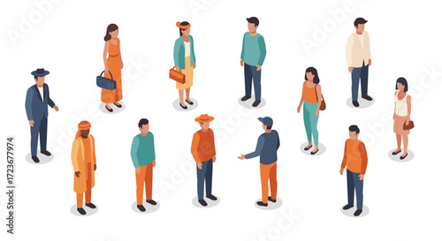 Diverse isometric group of people in casual and cultural clothing