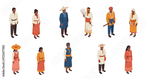 Diverse traditional costumes in isometric style for cultural representation