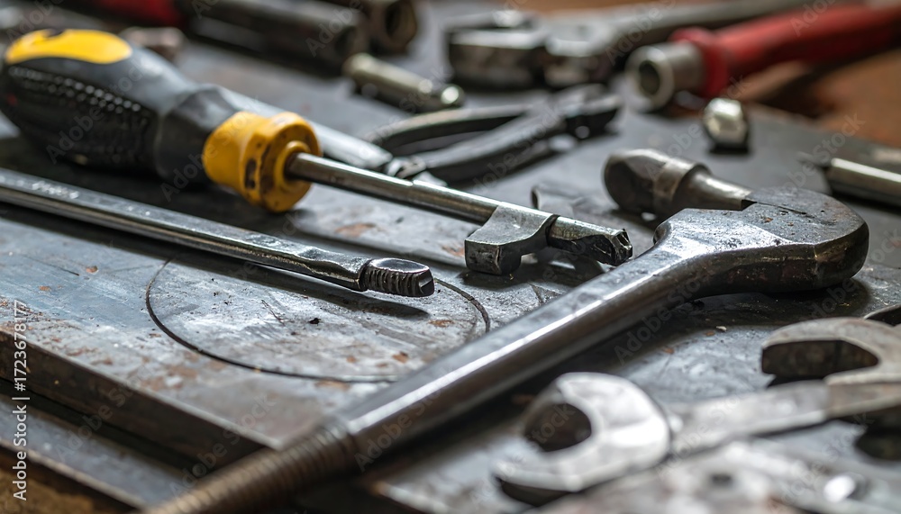 Fototapeta premium Close-up of workshop tools arranged on a work surface, showcasing various hand tools, wrenches, and screwdrivers in natural lighting