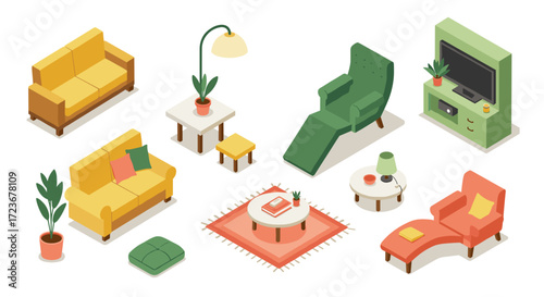 Cozy modern living room set with isometric furniture and decor elements