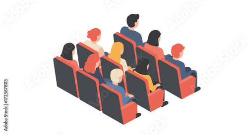 Isometric audience seated in theater chairs watching a presentation