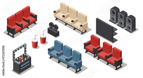 Isometric cinema elements with seats, screen, and refreshments for theater design