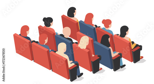 Isometric audience seating with diverse people in a theater setting