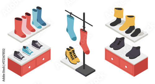 Isometric display of shoes and socks in a modern retail setting