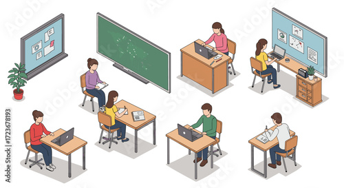 Isometric classroom scenes: students engaged in digital and traditional learning environments