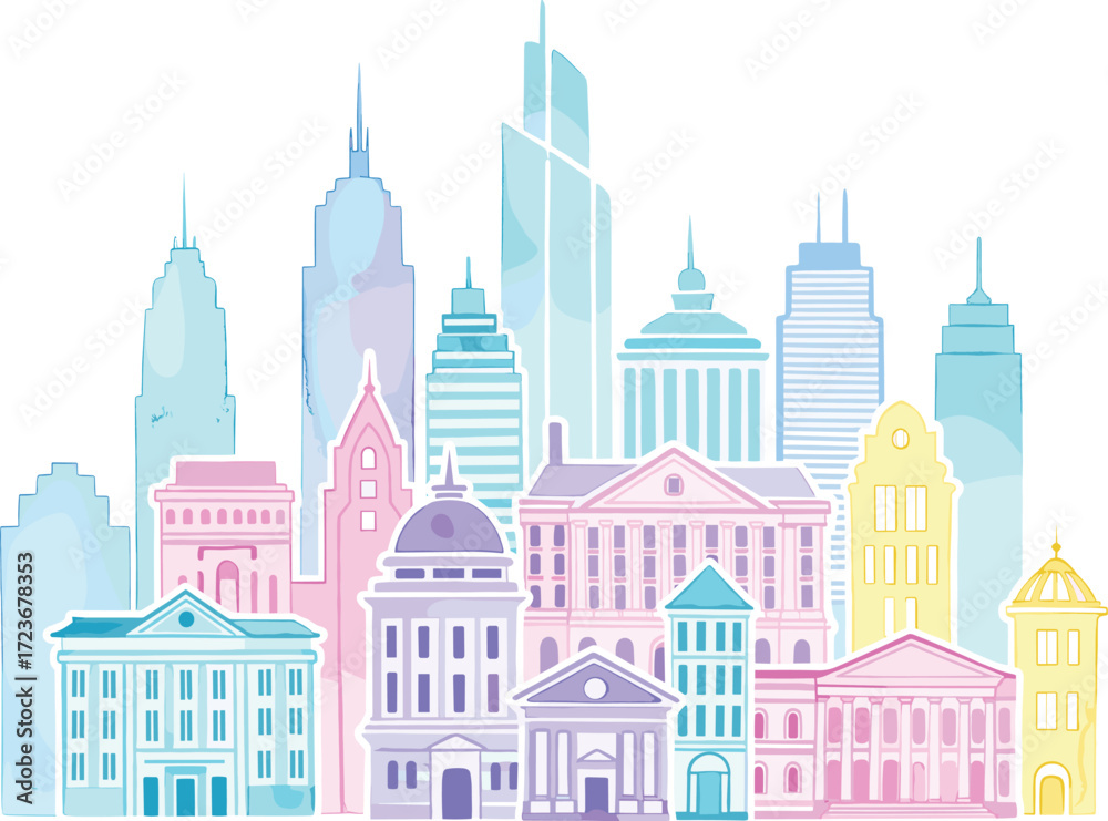 Fototapeta premium Stylized pastel cityscape with classical, modern, and gothic buildings, colorful rooftops, whimsical architecture, vibrant urban skyline vector illustration