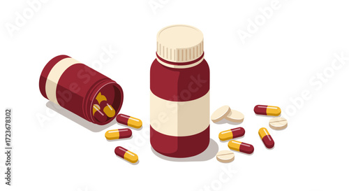 Isometric medicine bottles with capsules and tablets on white background