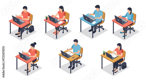 Diverse office workers engaged in tasks at desks with laptops in isometric style