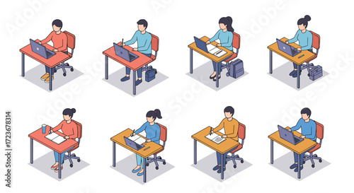 Isometric office workers using laptops and writing at desks