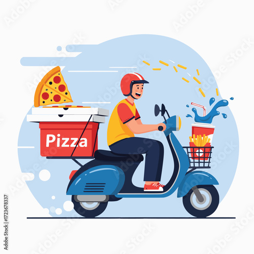 Smiling delivery person on a classic blue scooter, swiftly transporting hot pizza, french fries, and a refreshing drink for quick and convenient food service