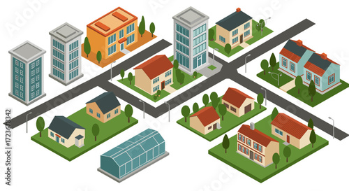 Isometric urban neighborhood with buildings and streets