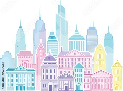 Stylized pastel cityscape with classical, modern, and gothic buildings, colorful rooftops, whimsical architecture, vibrant urban skyline vector illustration