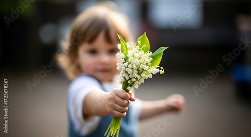 Little girl offering delicate lily of the valley flowers bouquet outdoors