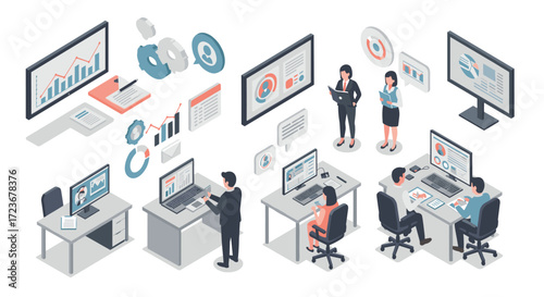 Isometric office workspace with team analyzing digital data and charts