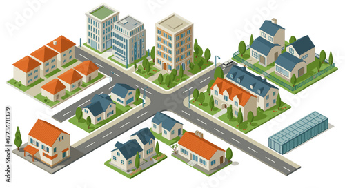 Isometric suburban neighborhood with diverse homes and offices