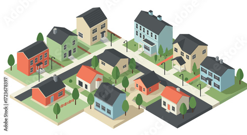 Charming isometric neighborhood with colorful houses and trees