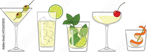 Cocktail glass set vector with martini, highball, rocks, coupe, shot drinks and garnishes for bar, party, and mixology themes