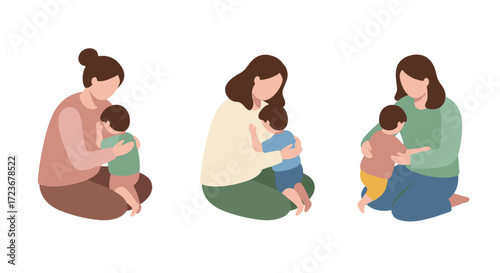 Mothers comforting young children in minimalist style