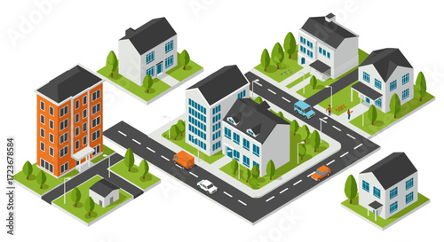Modern urban neighborhood with isometric buildings and streets