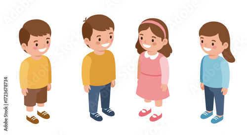 Isometric cartoon kids standing and smiling in colorful outfits