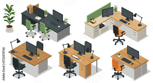 Modern office desk setups with isometric design and computer equipment