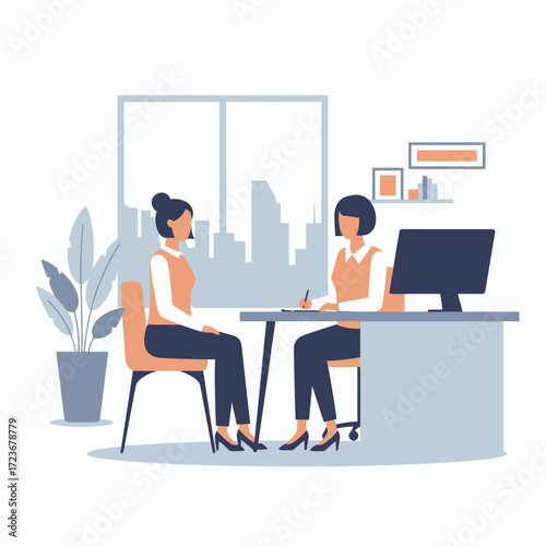 Illustration of a woman sitting across from an HR manager during a job interview. Concept of recruitment, professional communication, and career discussions.