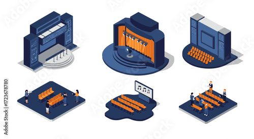 Isometric theater stage and audience seating collection for interior design concepts