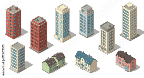 Urban architecture isometric collection: diverse building designs and styles