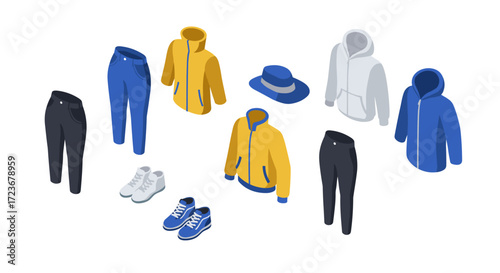 Isometric casual clothing set with jackets, pants, hats, and shoes