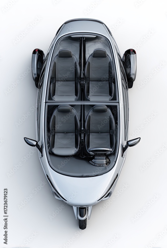 Naklejka premium Overhead view of a small, silver, four-seater vehicle