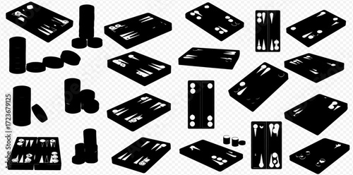 Multiple perspectives of a backgammon set, including boards, checkers, and dice, presented in a black silhouette style.
