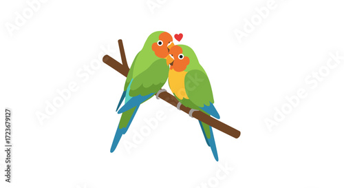 Colorful lovebirds perched on a branch with hearts
