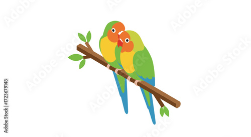 Colorful lovebirds perched on branch in isometric design