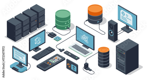 Isometric data center elements: servers, computers, and tech devices