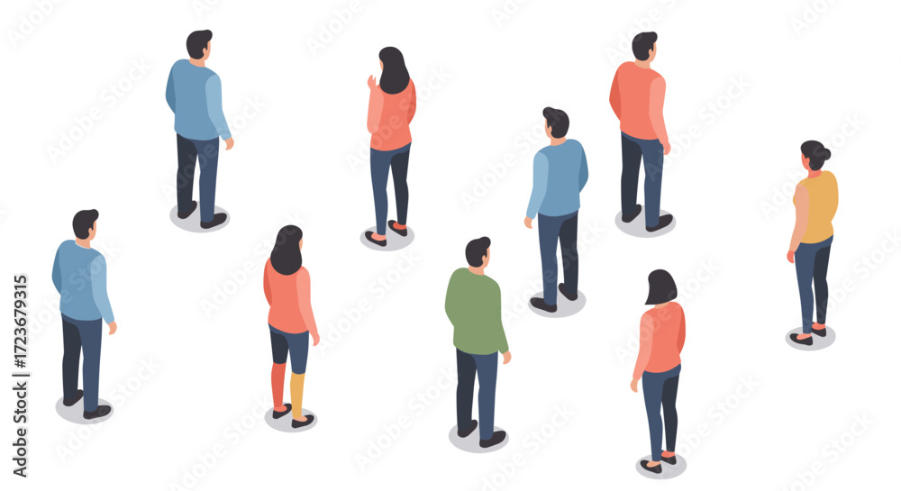 Fototapeta premium Diverse group of isometric people standing in casual attire on white background