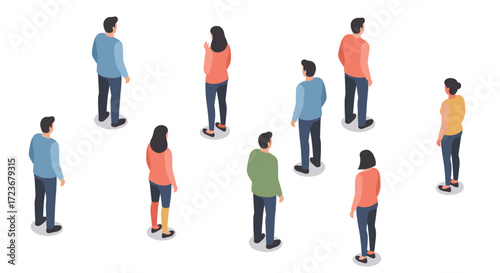 Diverse group of isometric people standing in casual attire on white background