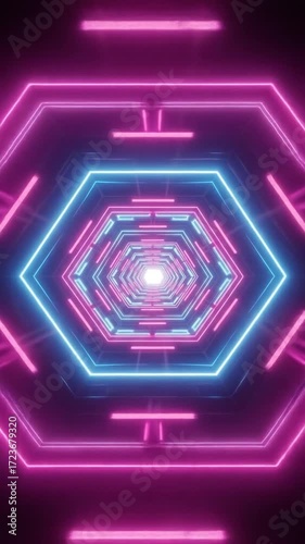 Futuristic Neon Tunnel with Geometric Hexagon Pattern and Dynamic Light Pulses