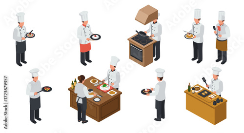 Isometric chefs cooking and preparing gourmet meals in professional kitchen settings